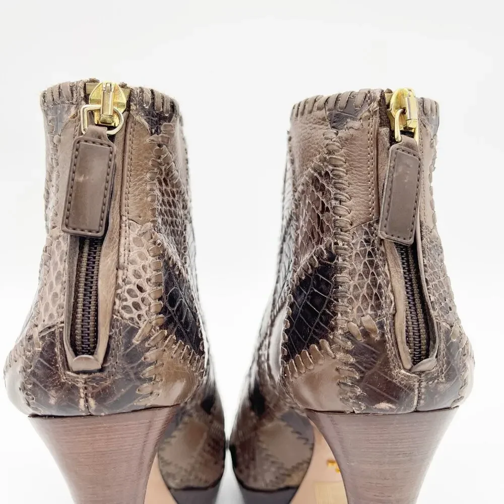 Prada Taupe Brown Mixed Croc Snakeskin Embossed Patchwork Peep Toe Booties IT 38